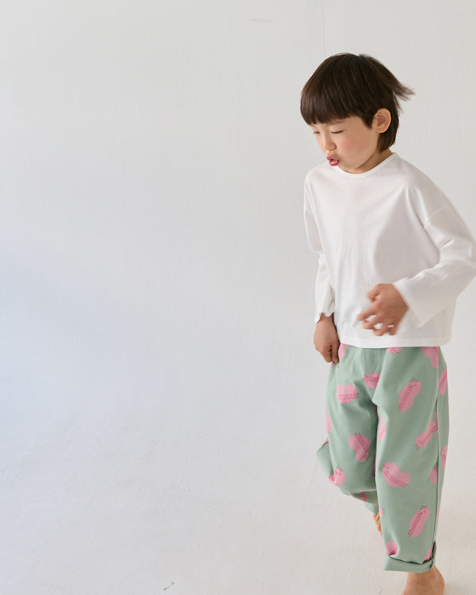 キッズ 綿100％ ハート モチーフ ロングパンツ グリーン