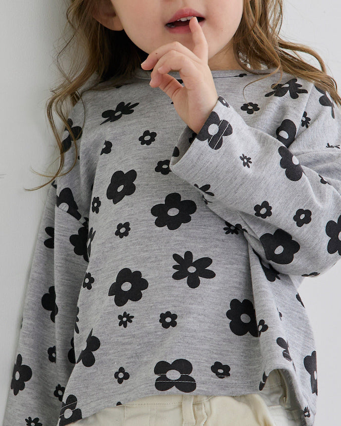 兒童長袖長款 T 卹花朵花卉圖案灰色