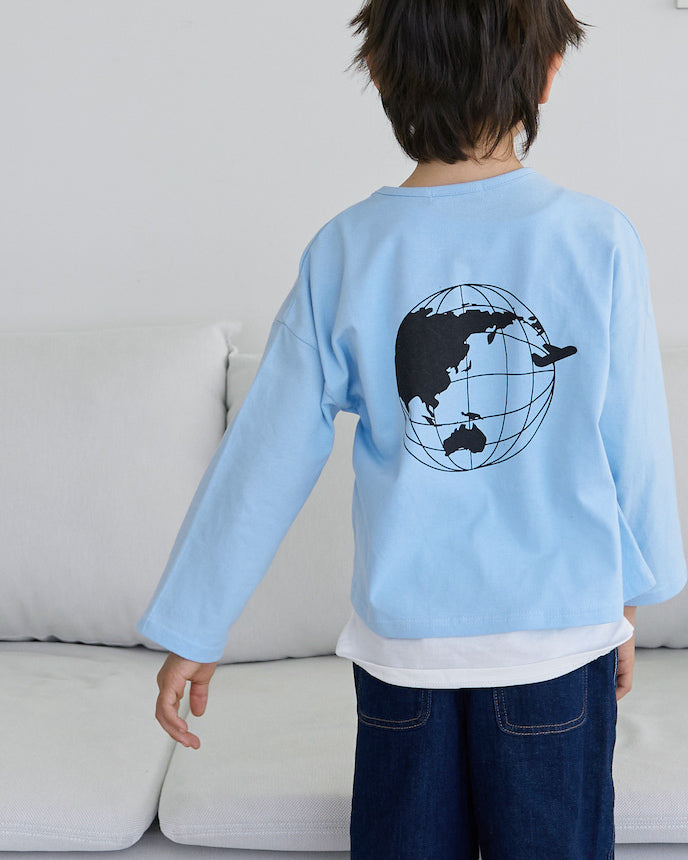 兒童長袖長款 T 卹旅行飛機印花藍色