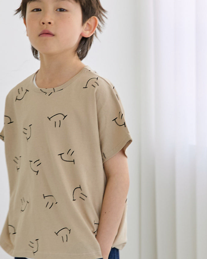 キッズ ショート ドルマンスリーブ Tシャツ スマイル 半袖 ベージュ