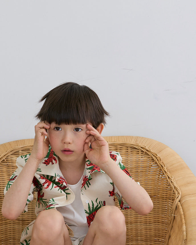 キッズ ショート 半袖 シャツ ワイシャツ タイガー 虎 アイボリー
