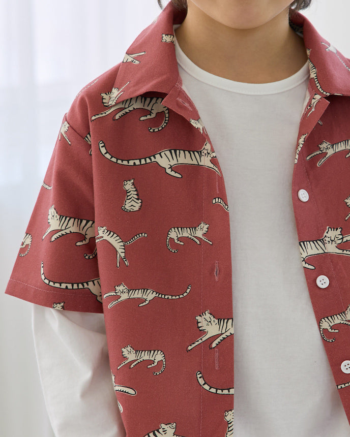 キッズ ショート 半袖 シャツ ワイシャツ タイガー 虎 エンジ