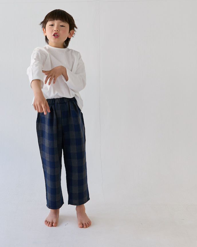 キッズ ガーゼ チェック カジュアルテーパードパンツ ネイビー×グレー