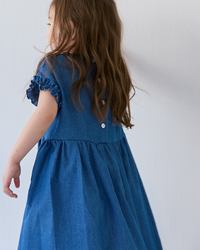 キッズ デニム フレンチ スリーブ ワンピース ブルー