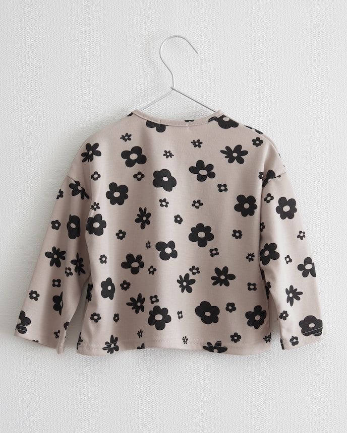 兒童長袖長款 T 卹花朵花卉圖案摩卡棕色