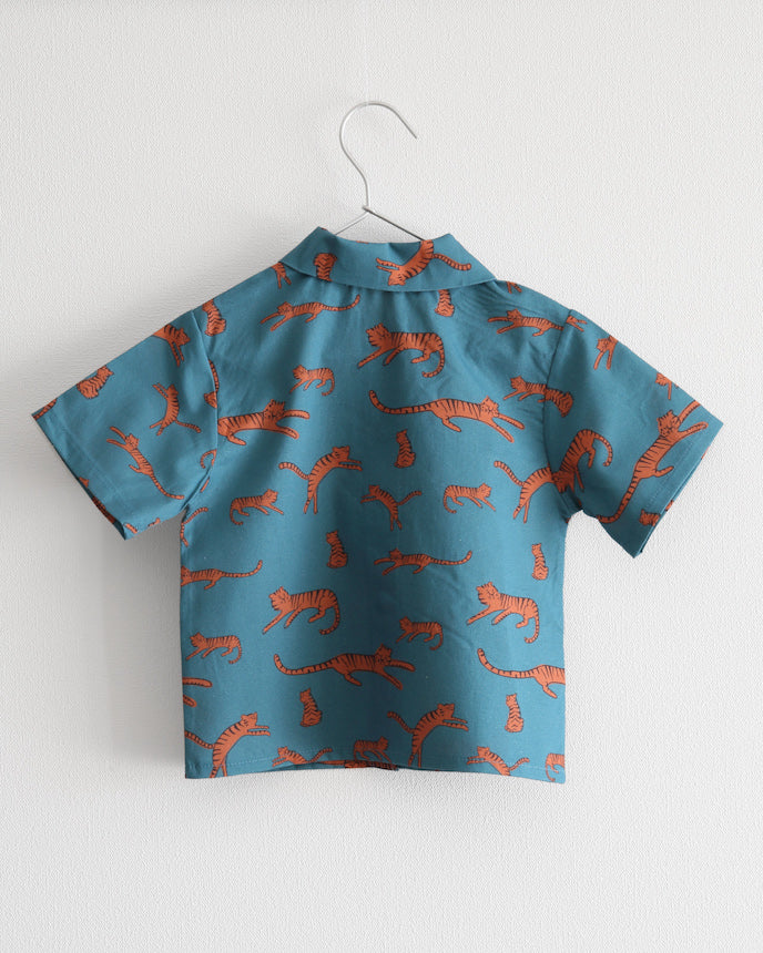 キッズ ショート 半袖 シャツ ワイシャツ タイガー 虎 ブルー