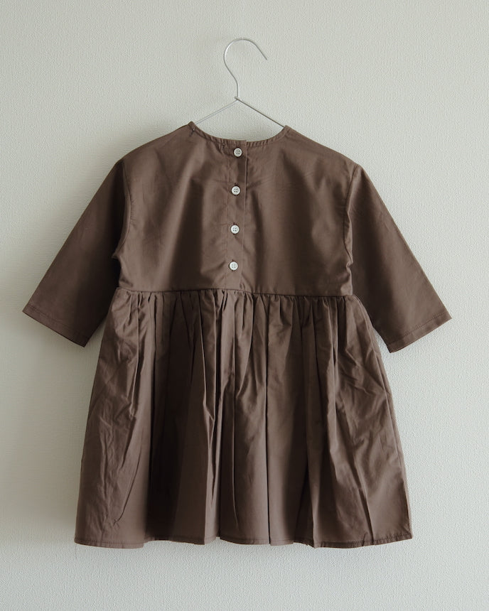 キッズ コットン ワンピース 9分袖 ブラウン