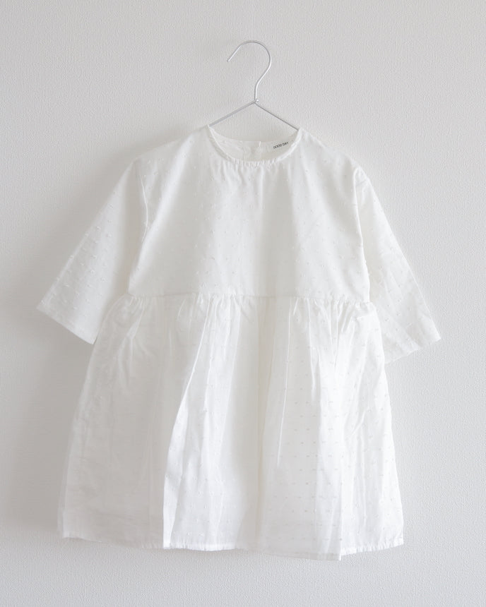 韓国子供服 キッズ ジャガード ドット コットン ワンピース 9分袖 ホワイト