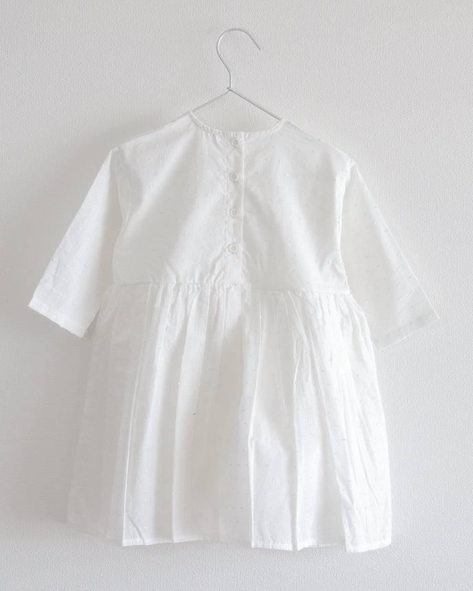 キッズ ジャガード ドット コットン ワンピース 9分袖 ホワイト