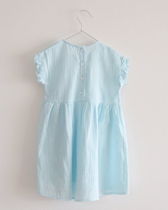 キッズ ガーゼ フレンチ スリーブ ワンピース ブルー