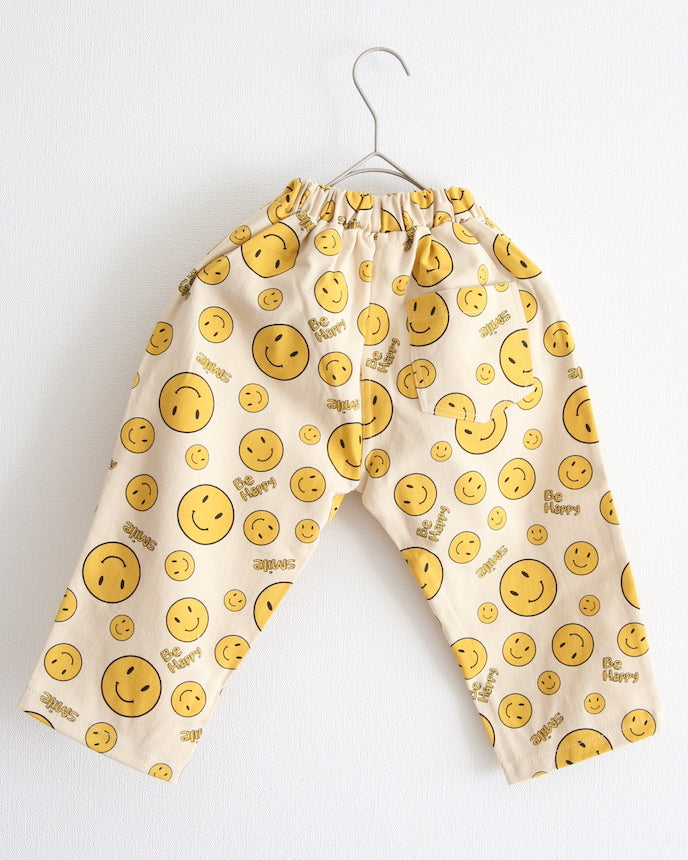 キッズ 綿100％ スマイル モチーフ ロングパンツ アイボリー