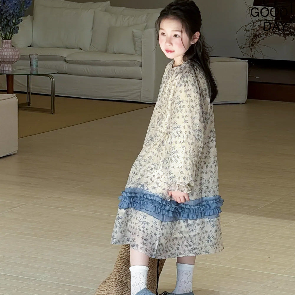 キッズ 長袖 ロング丈 ワンピース 花柄 薄手 涼しい  女の子 春服 夏服  韓国風 おしゃれ 可愛い 上品 お出かけ