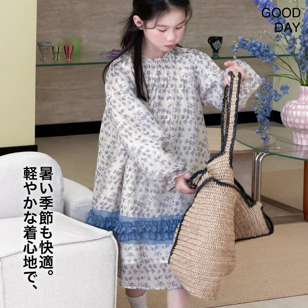 キッズ 長袖 ロング丈 ワンピース 花柄 薄手 涼しい  女の子 春服 夏服  韓国風 おしゃれ 可愛い 上品 お出かけ
