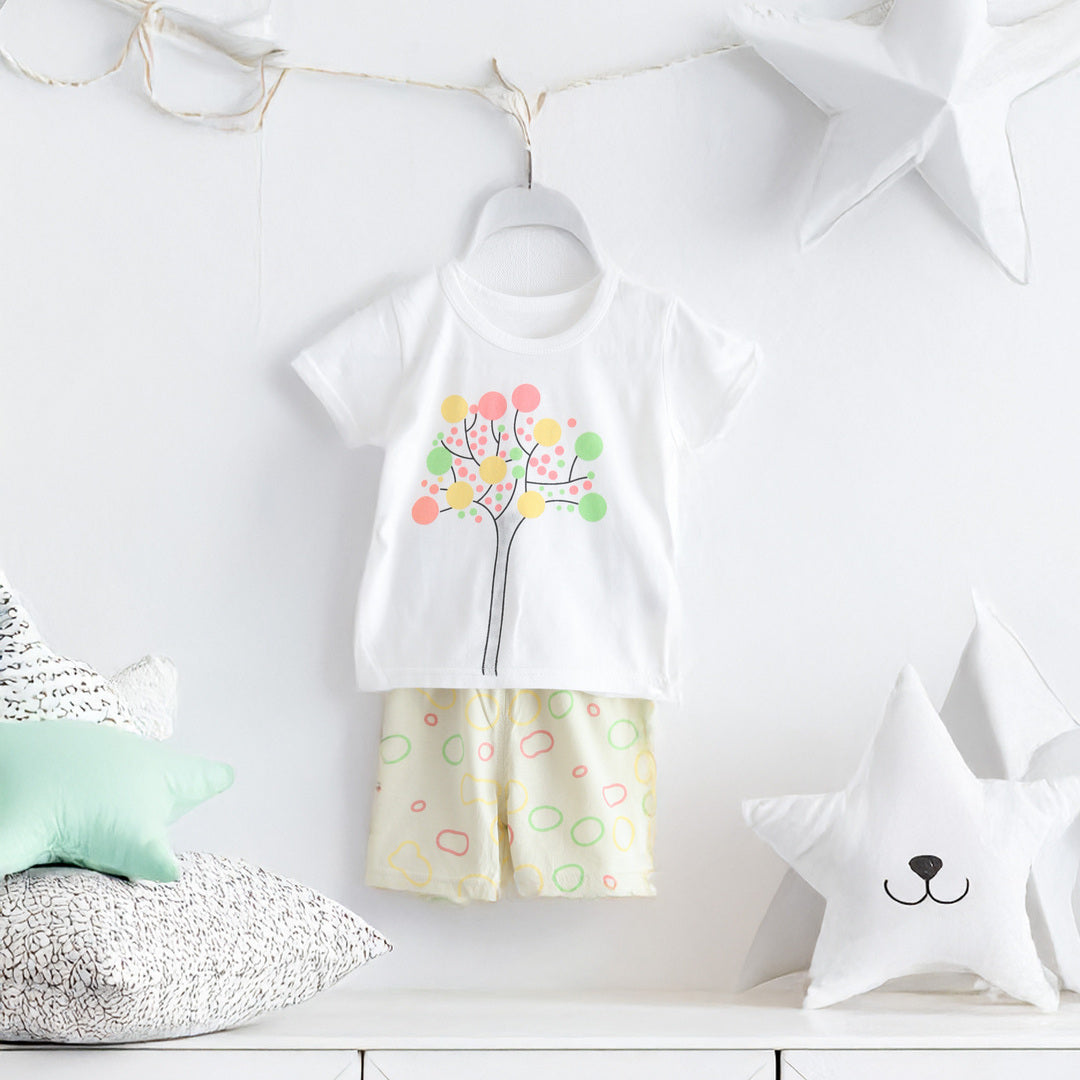 キッズ 上下セット ショート Tシャツ＋ パンツ ズボン ツリー ミントグリーン コットン 綿100％