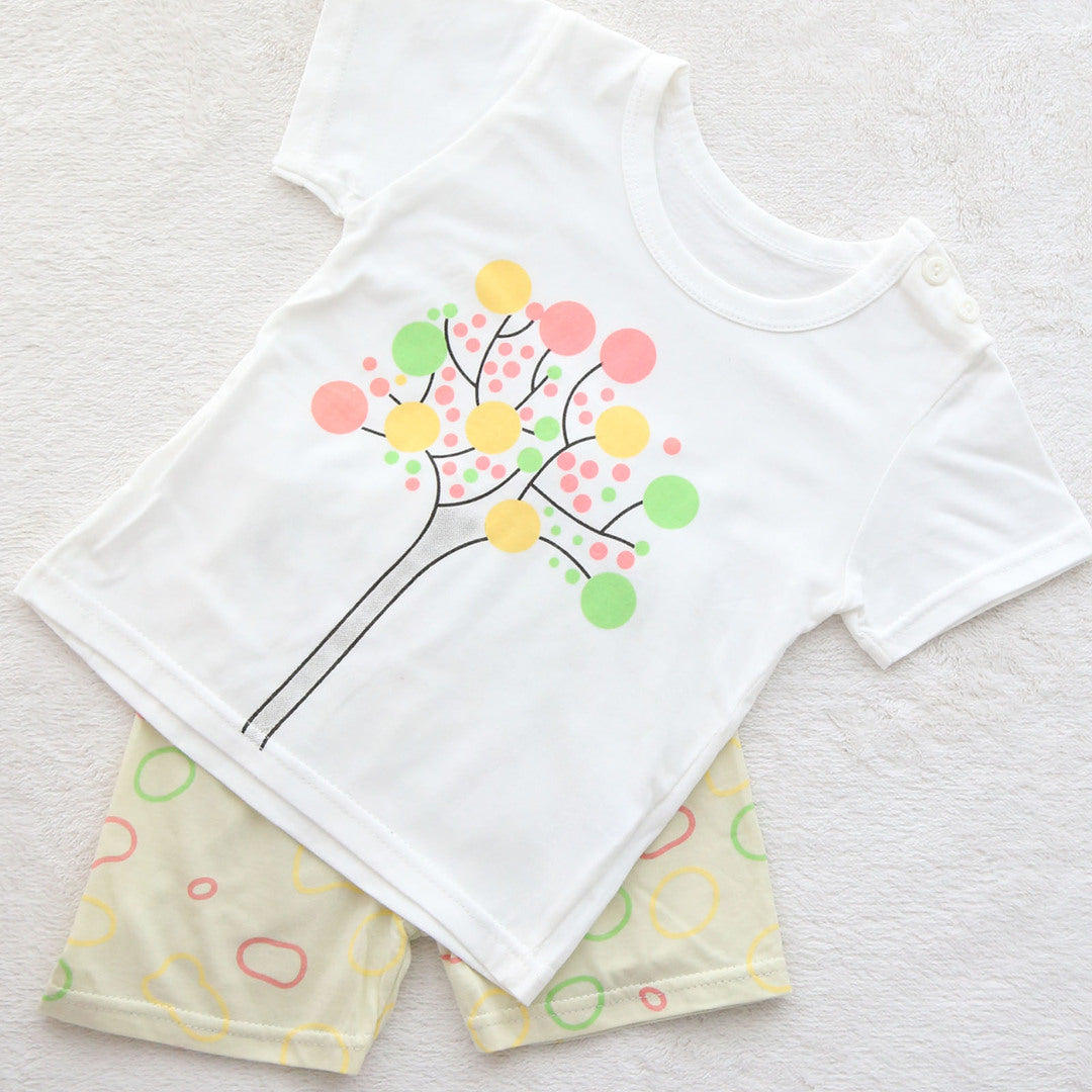 キッズ 上下セット ショート Tシャツ＋ パンツ ズボン ツリー ミントグリーン コットン 綿100％