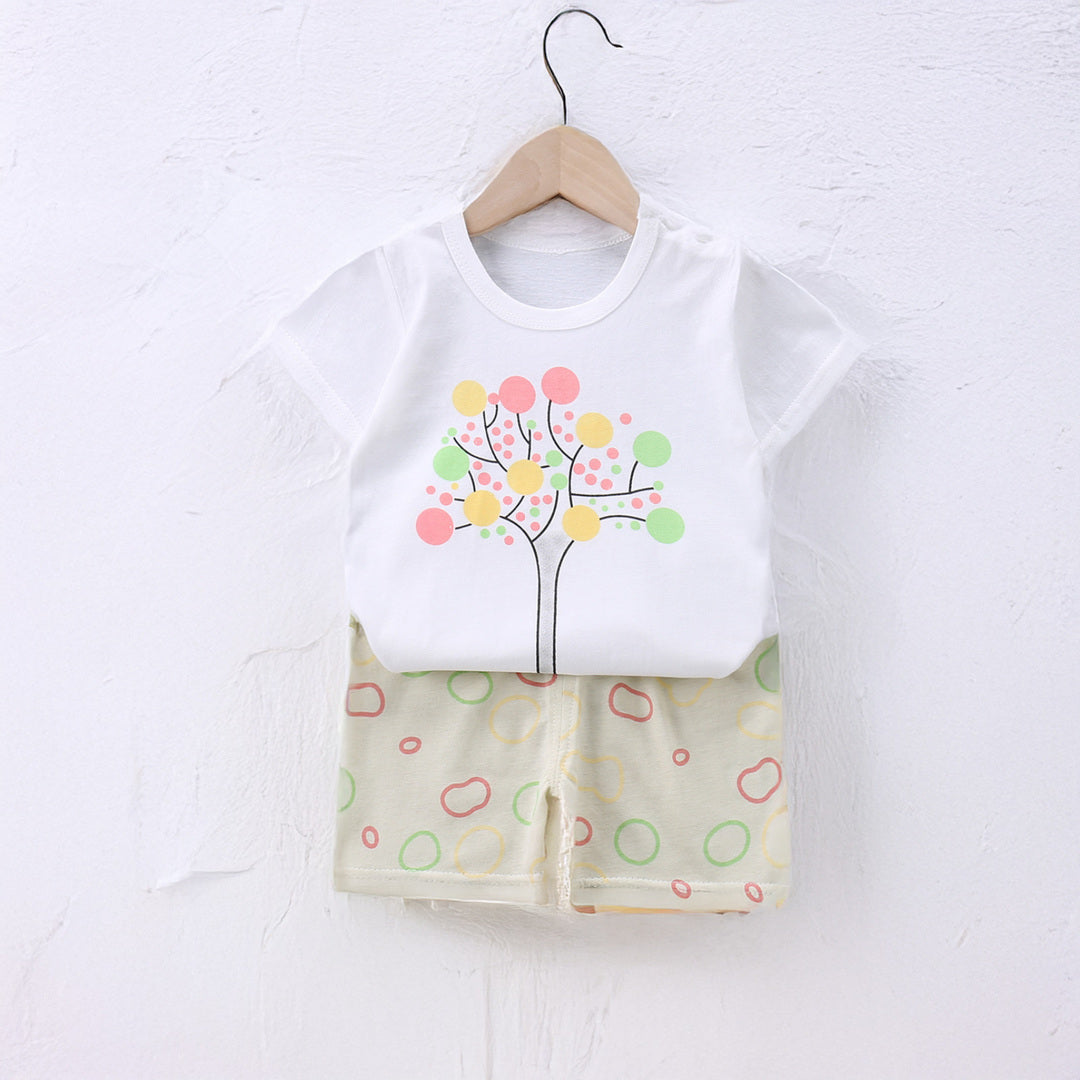 キッズ 上下セット ショート Tシャツ＋ パンツ ズボン ツリー ミントグリーン コットン 綿100％
