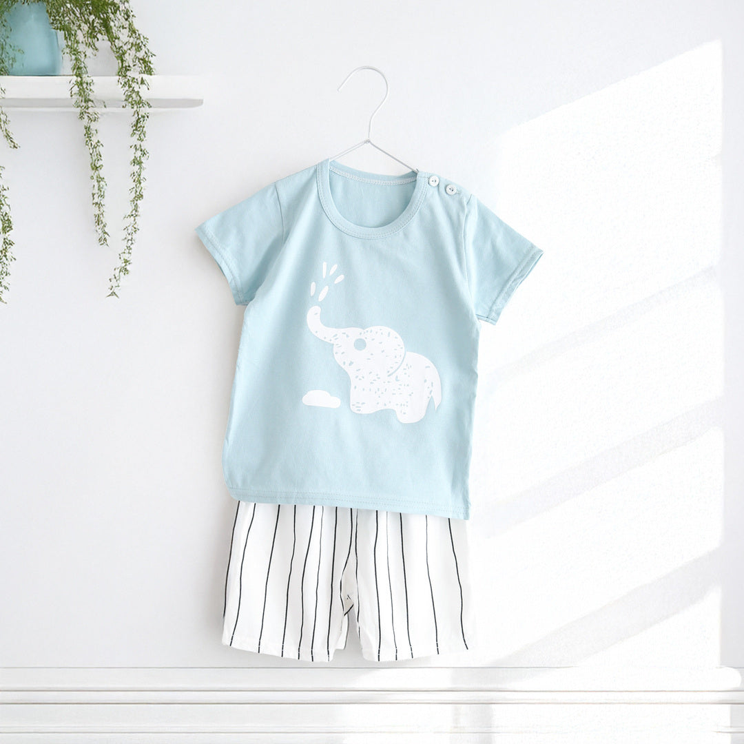 キッズ 上下セット ショート Tシャツ＋ パンツ ズボン 象 動物 サックスブルー コットン 綿100％ 部屋着 着替え 春夏 通園