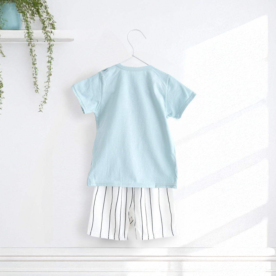 キッズ 上下セット ショート Tシャツ＋ パンツ ズボン 象 動物 サックスブルー コットン 綿100％ 部屋着 着替え 春夏 通園