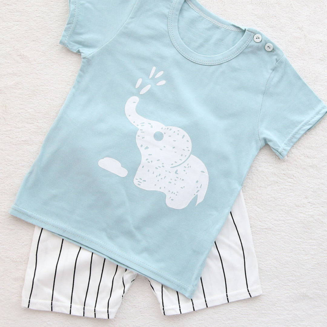 キッズ 上下セット ショート Tシャツ＋ パンツ ズボン 象 動物 サックスブルー コットン 綿100％ 部屋着 着替え 春夏 通園