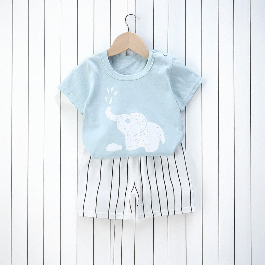 キッズ 上下セット ショート Tシャツ＋ パンツ ズボン 象 動物 サックスブルー コットン 綿100％ 部屋着 着替え 春夏 通園