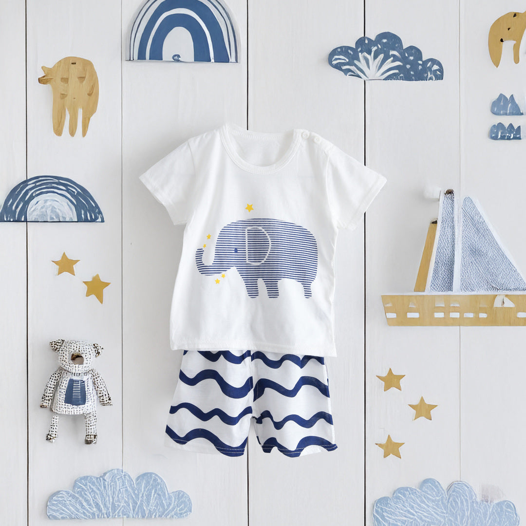 キッズ 上下セット ショート Tシャツ＋ パンツ ズボン 象 動物 ブルー コットン 綿100％ 部屋着 着替え 春夏 通園