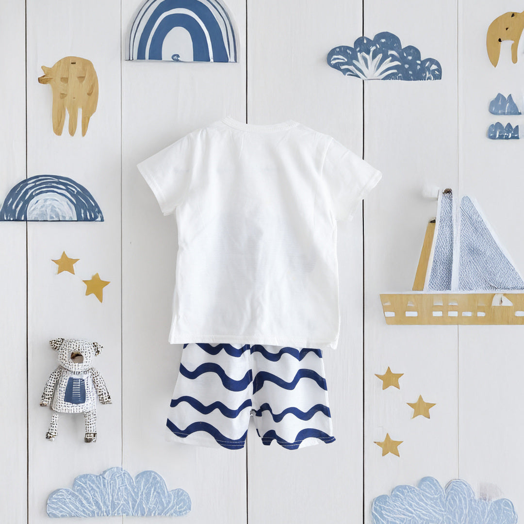 キッズ 上下セット ショート Tシャツ＋ パンツ ズボン 象 動物 ブルー コットン 綿100％ 部屋着 着替え 春夏 通園