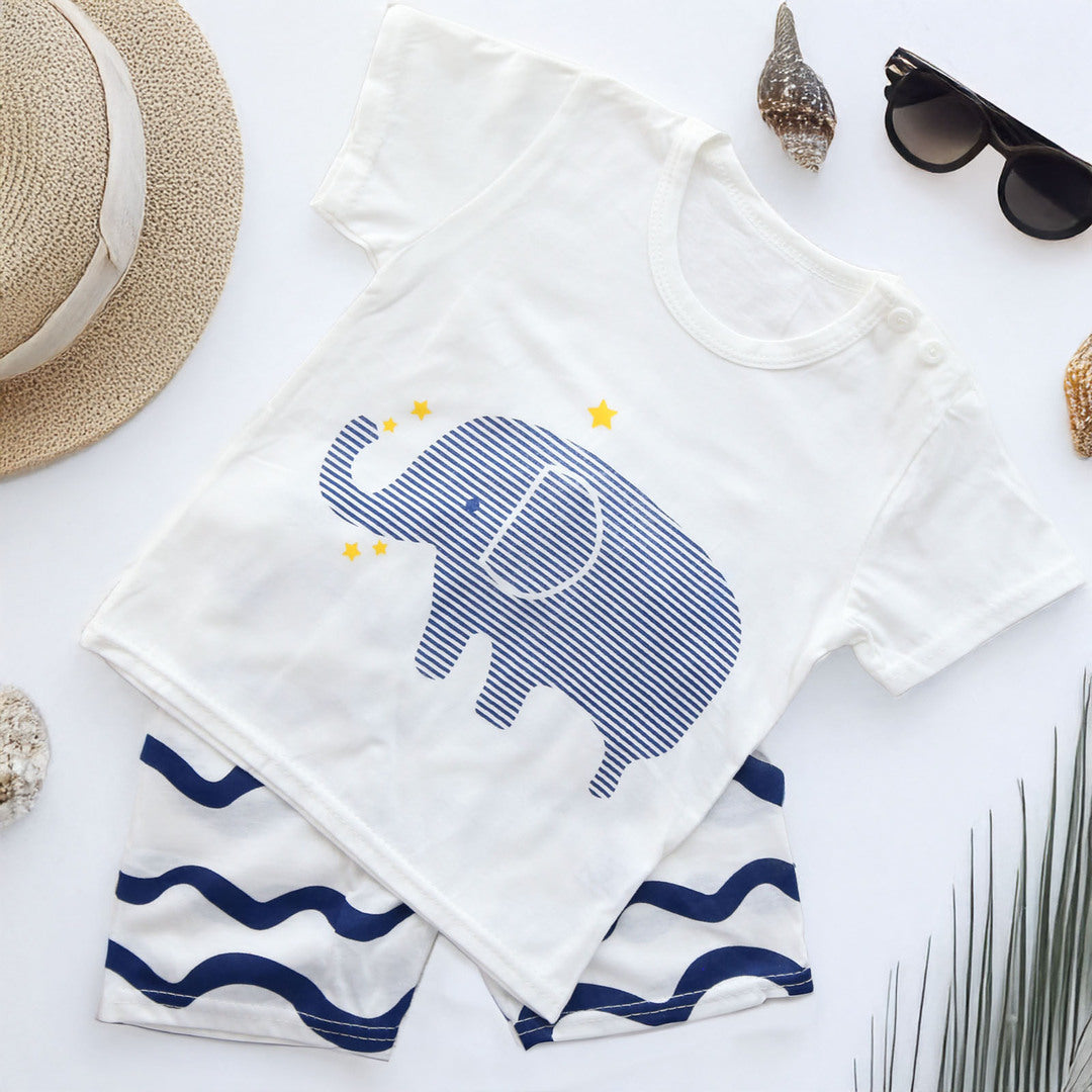 キッズ 上下セット ショート Tシャツ＋ パンツ ズボン 象 動物 ブルー コットン 綿100％ 部屋着 着替え 春夏 通園