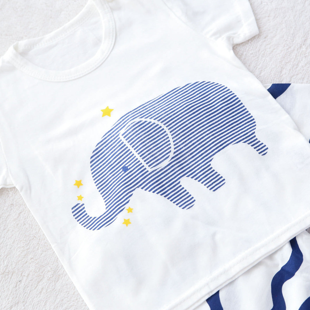 キッズ 上下セット ショート Tシャツ＋ パンツ ズボン 象 動物 ブルー コットン 綿100％ 部屋着 着替え 春夏 通園