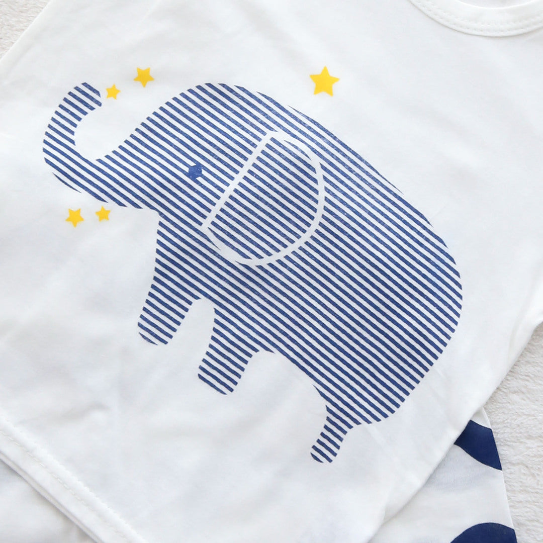キッズ 上下セット ショート Tシャツ＋ パンツ ズボン 象 動物 ブルー コットン 綿100％ 部屋着 着替え 春夏 通園