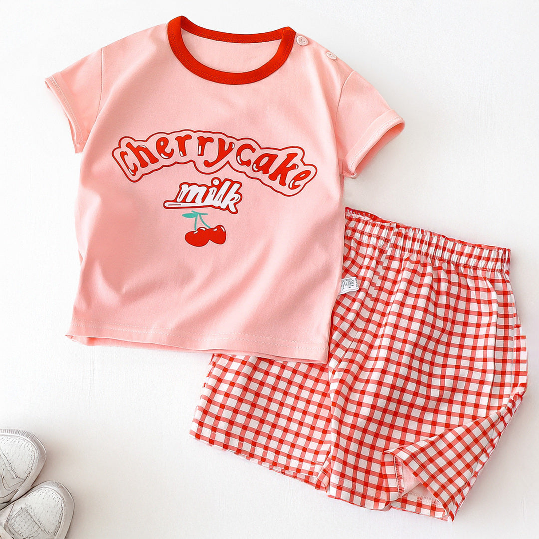 キッズ 上下セット ショート Tシャツ＋ パンツ ズボン ツリー チェリー レッド 赤 コットン 綿100％ 部屋着 着替え 春夏 通園