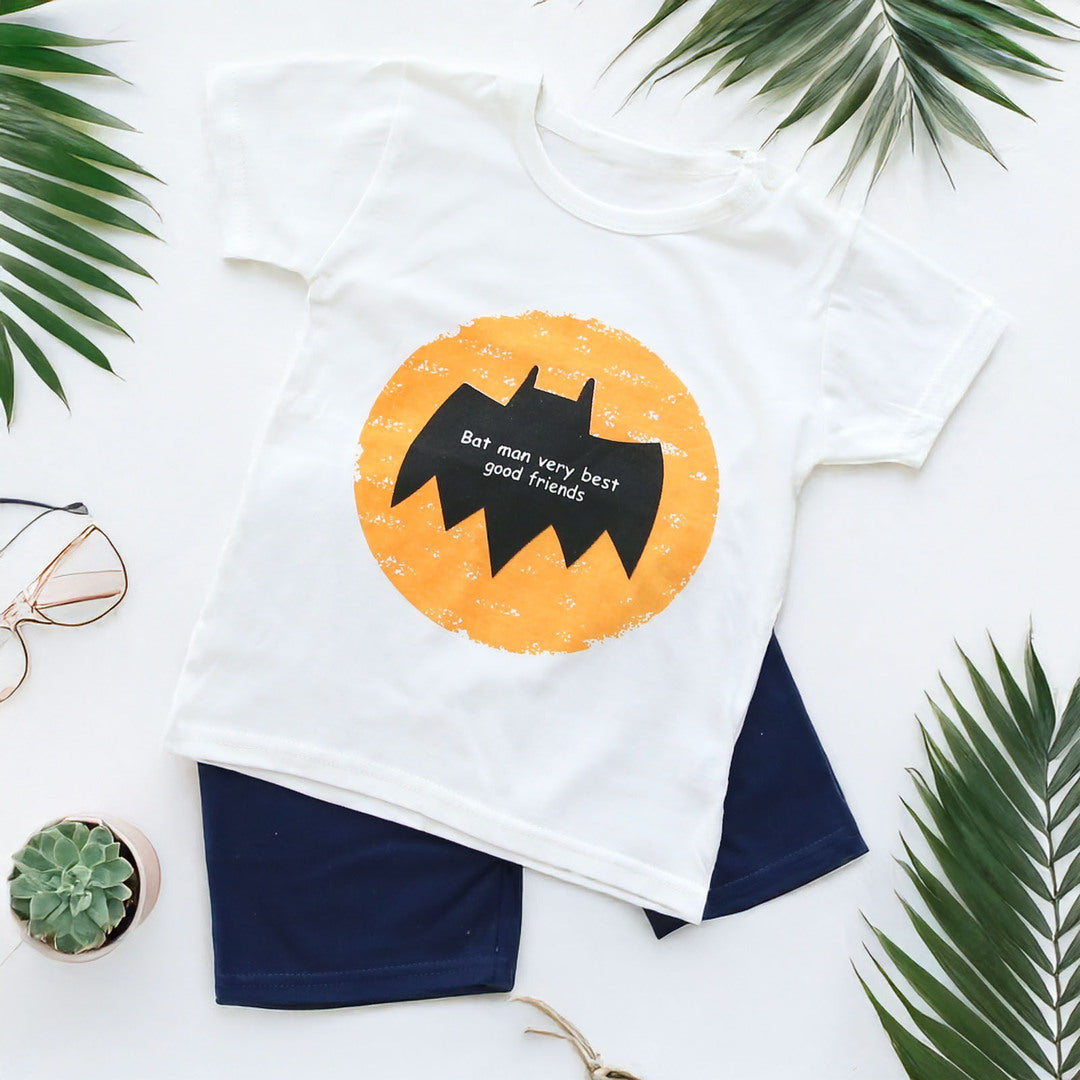 キッズ 上下セット ショート Tシャツ＋ パンツ バットマン ネイビー コットン 綿100％ 部屋着 着替え 春夏 通園