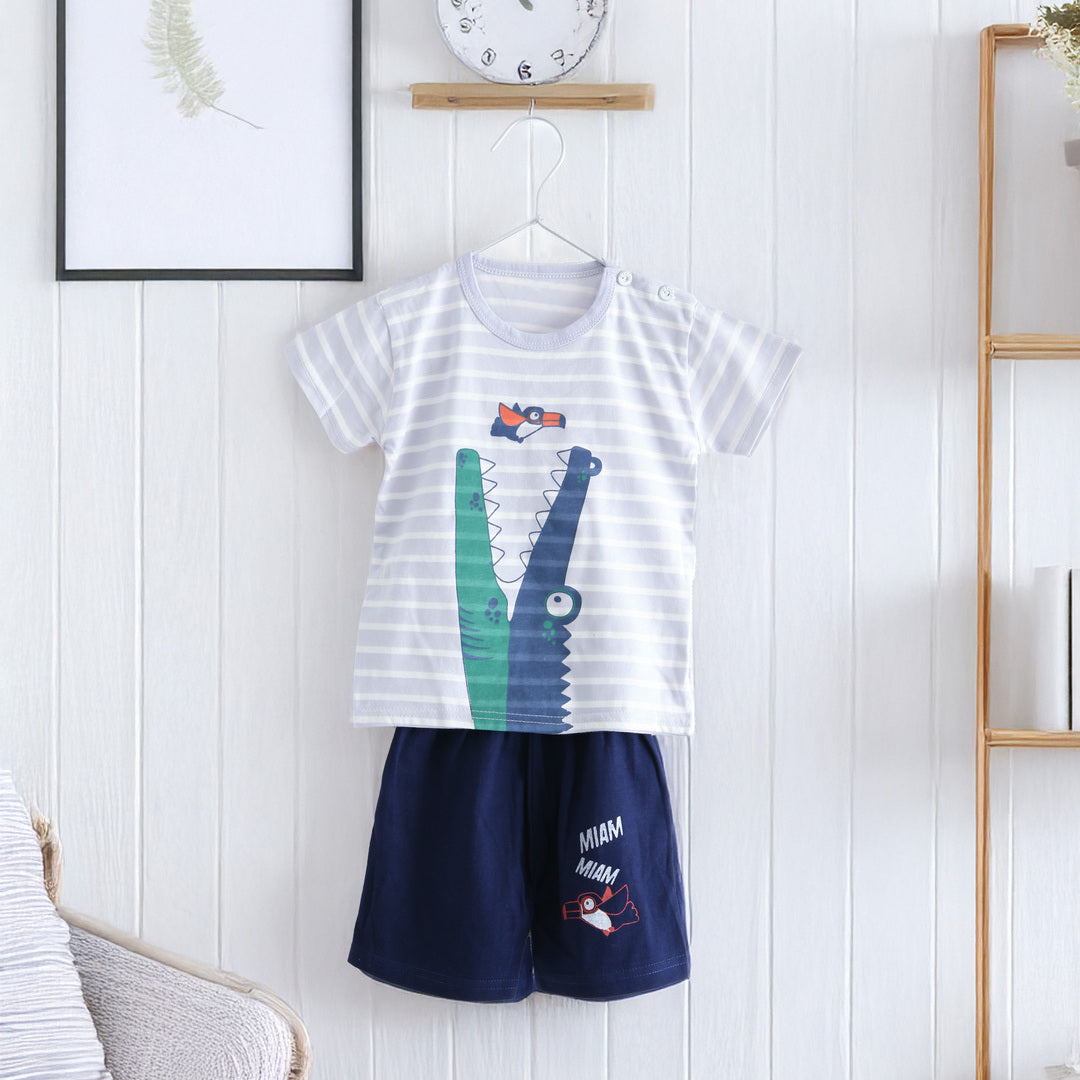 キッズ 上下セット ショート Tシャツ＋ パンツ ワニ 動物 ブルー ネイビー コットン 綿100％ 部屋着 着替え 春夏 通園