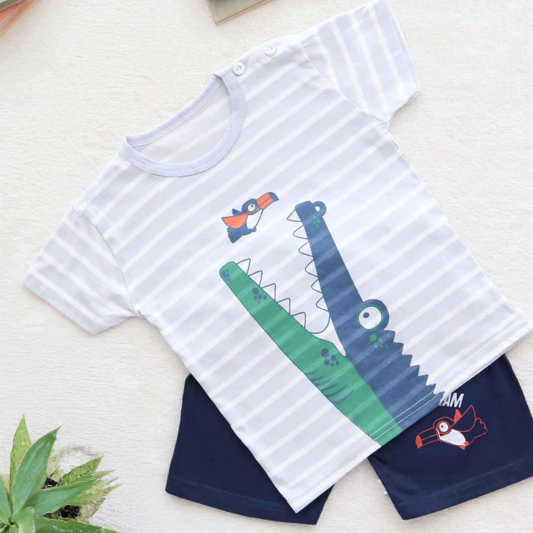 キッズ 上下セット ショート Tシャツ＋ パンツ ワニ 動物 ブルー ネイビー コットン 綿100％ 部屋着 着替え 春夏 通園