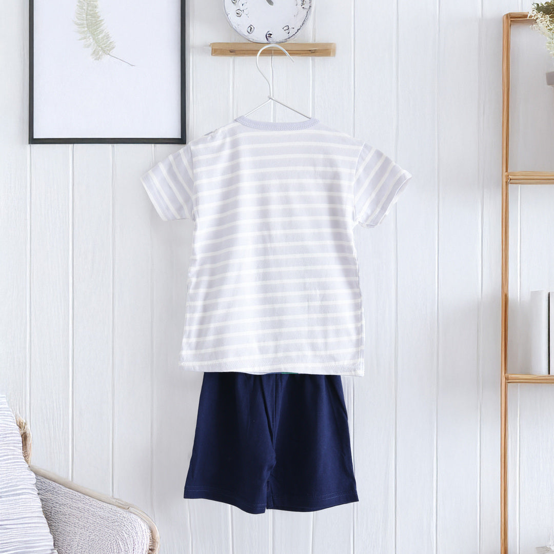 キッズ 上下セット ショート Tシャツ＋ パンツ ワニ 動物 ブルー ネイビー コットン 綿100％ 部屋着 着替え 春夏 通園