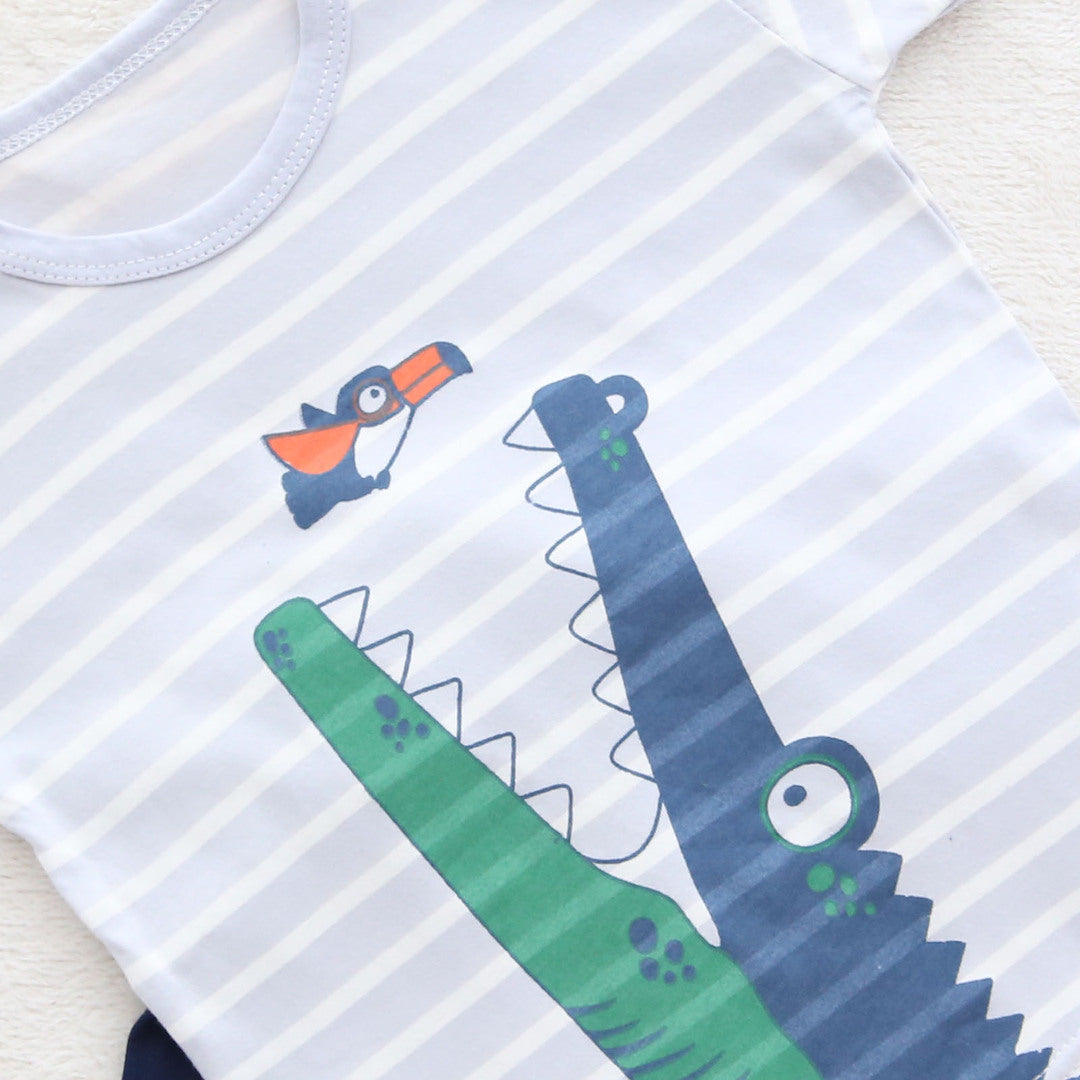 キッズ 上下セット ショート Tシャツ＋ パンツ ワニ 動物 ブルー ネイビー コットン 綿100％ 部屋着 着替え 春夏 通園