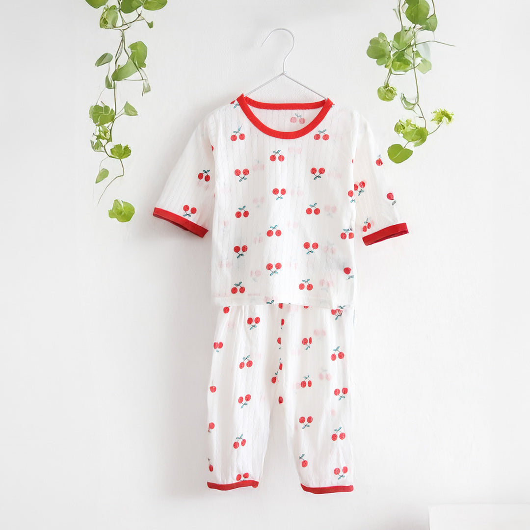 キッズ 上下セット ロング Tシャツ＋ パンツ ズボン チェリー レッド コットン 綿100％ 部屋着 パジャマ 着替え 春夏 通園