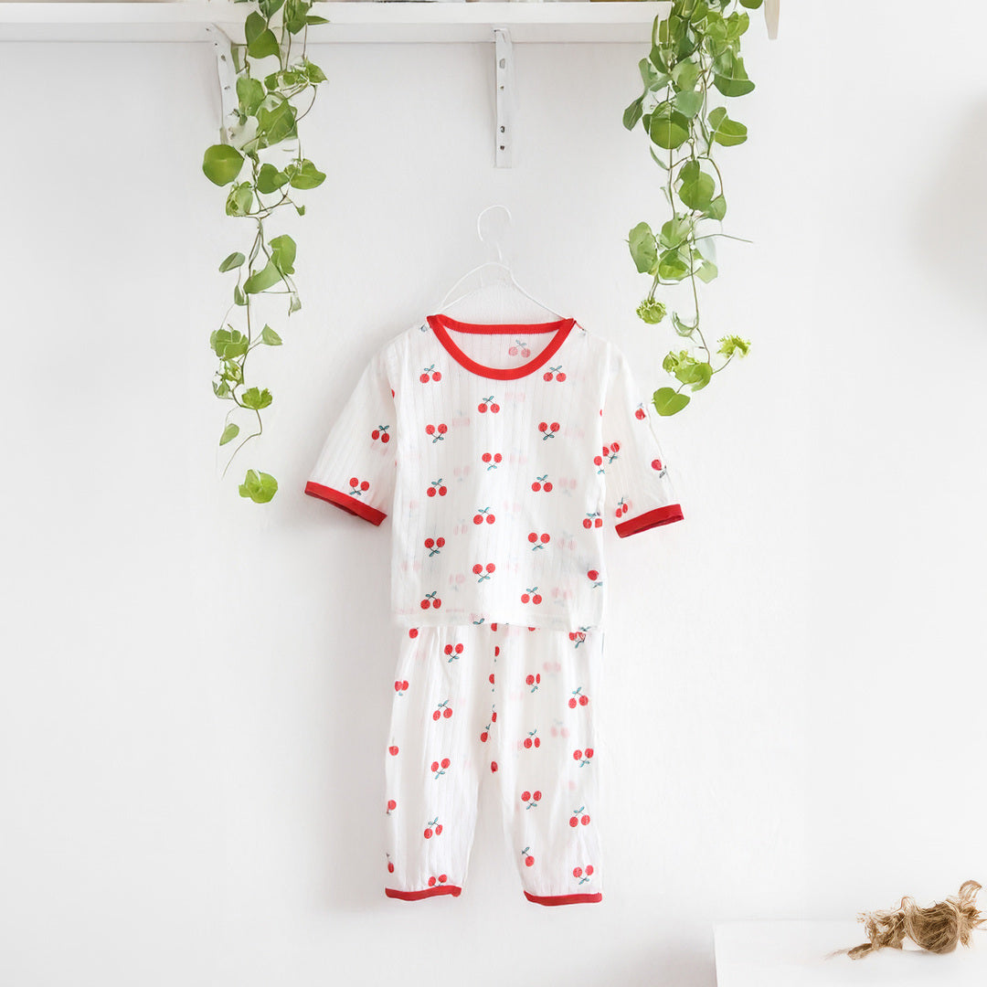 キッズ 上下セット ロング Tシャツ＋ パンツ ズボン チェリー レッド コットン 綿100％ 部屋着 パジャマ 着替え 春夏 通園