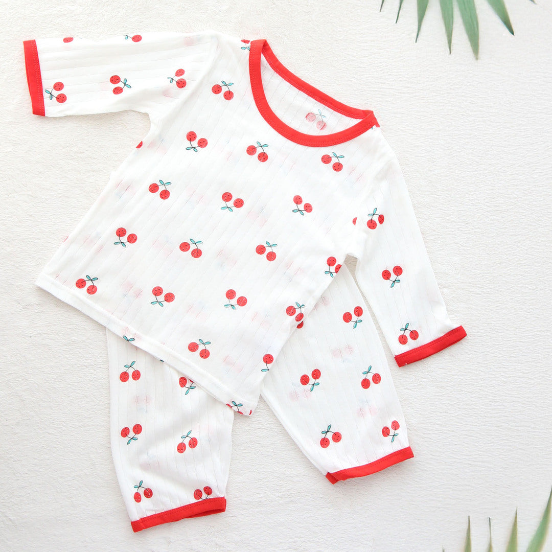 キッズ 上下セット ロング Tシャツ＋ パンツ ズボン チェリー レッド コットン 綿100％ 部屋着 パジャマ 着替え 春夏 通園