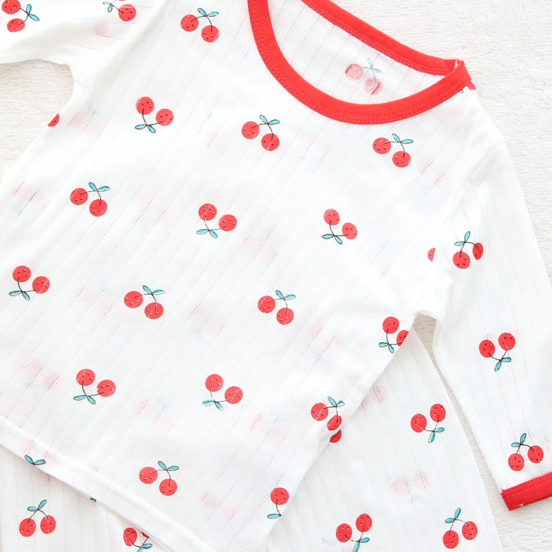 キッズ 上下セット ロング Tシャツ＋ パンツ ズボン チェリー レッド コットン 綿100％ 部屋着 パジャマ 着替え 春夏 通園