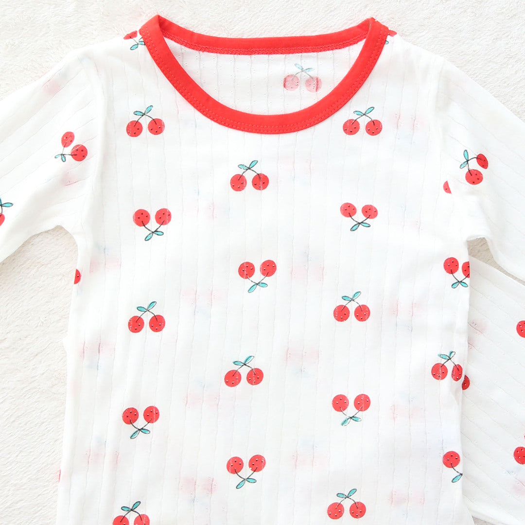 キッズ 上下セット ロング Tシャツ＋ パンツ ズボン チェリー レッド コットン 綿100％ 部屋着 パジャマ 着替え 春夏 通園