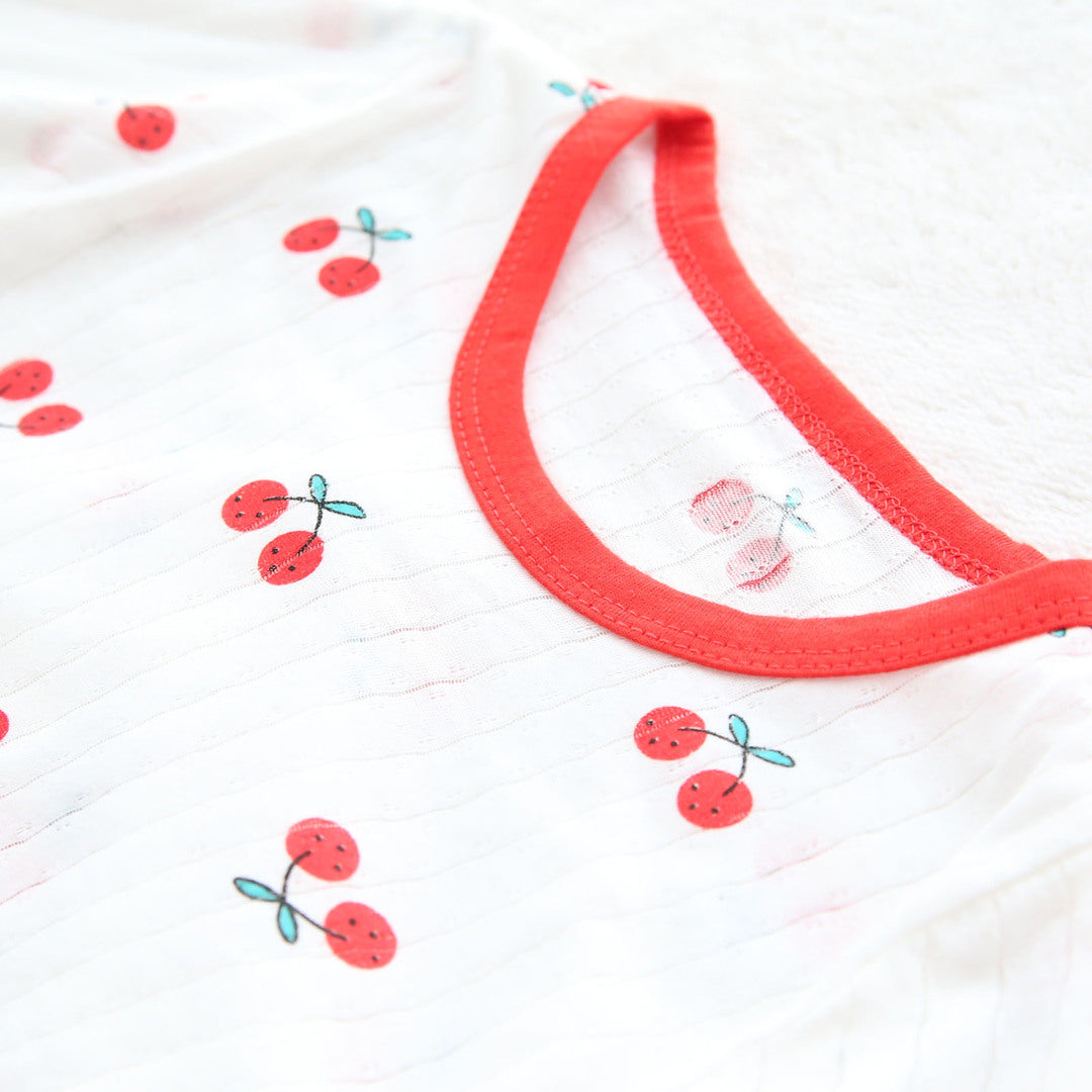 キッズ 上下セット ロング Tシャツ＋ パンツ ズボン チェリー レッド コットン 綿100％ 部屋着 パジャマ 着替え 春夏 通園