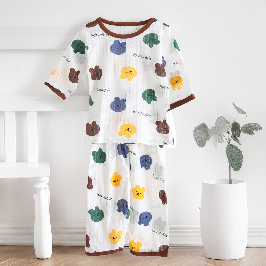 キッズ 上下セット ロング Tシャツ＋ パンツ ズボン クマちゃん 熊 ブラウン コットン 綿100％ 部屋着 パジャマ 着替え 春夏秋 通園