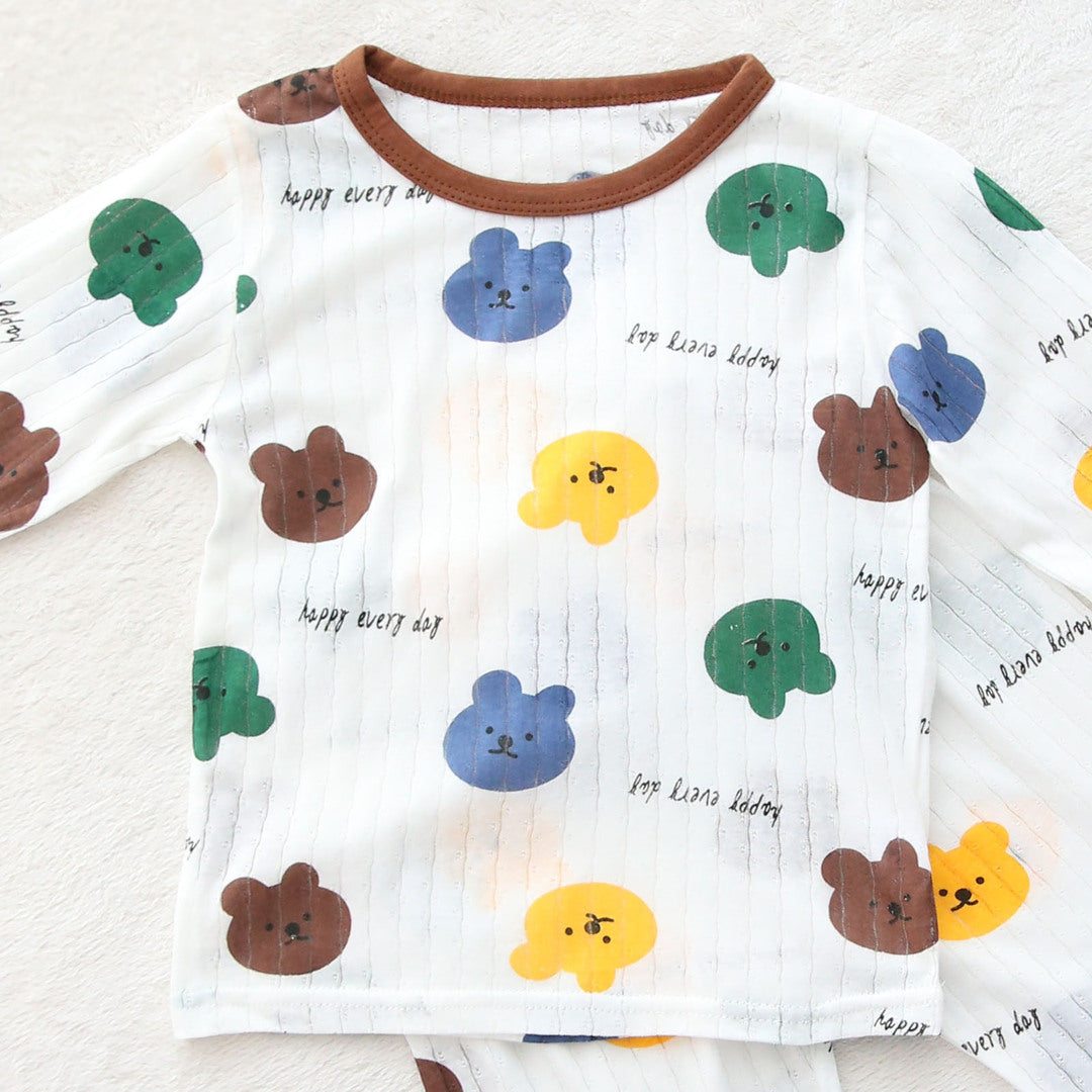 キッズ 上下セット ロング Tシャツ＋ パンツ ズボン クマちゃん 熊 ブラウン コットン 綿100％ 部屋着 パジャマ 着替え 春夏秋 通園