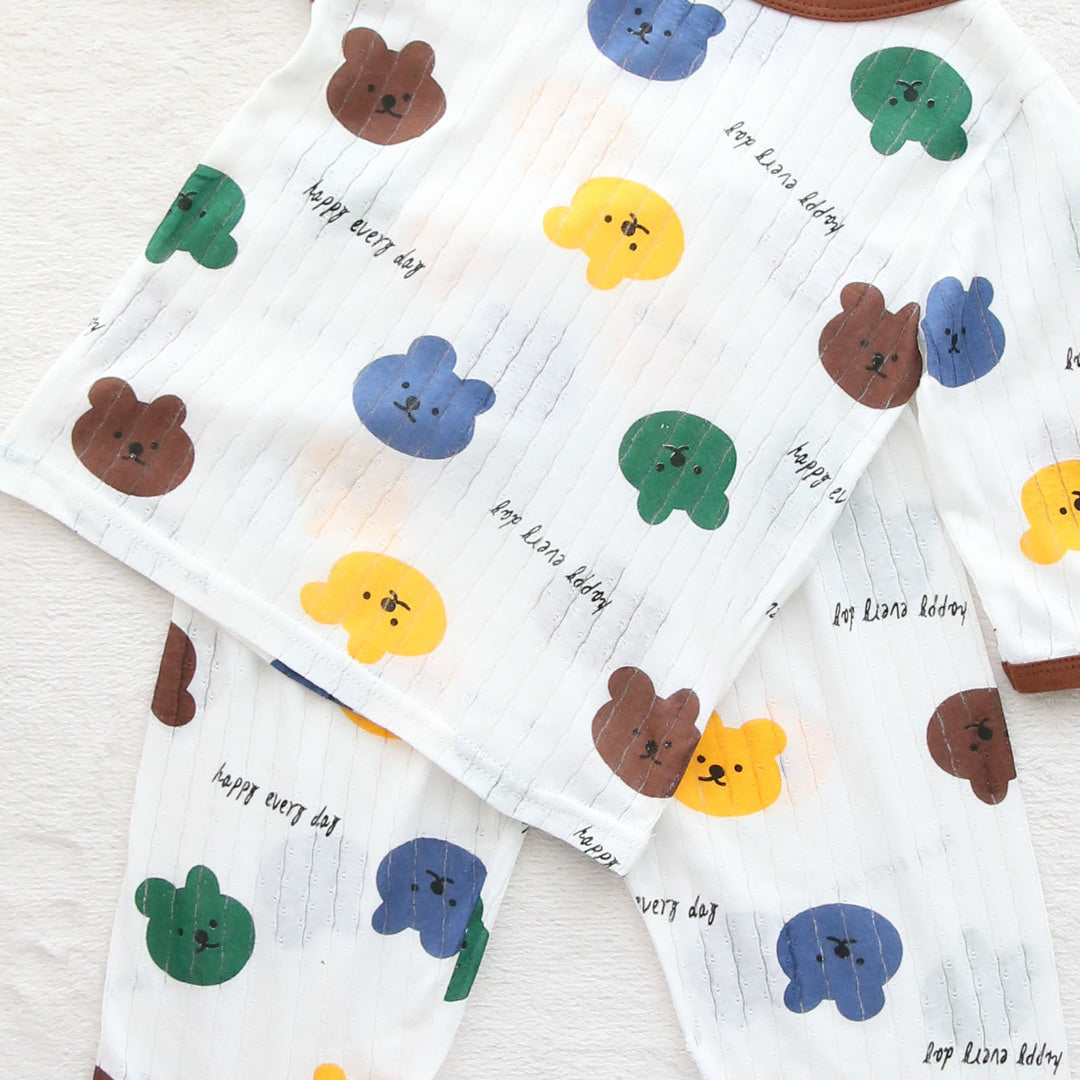 キッズ 上下セット ロング Tシャツ＋ パンツ ズボン クマちゃん 熊 ブラウン コットン 綿100％ 部屋着 パジャマ 着替え 春夏秋 通園