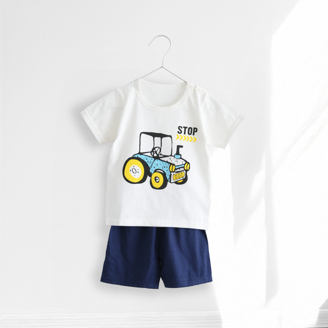 キッズ 上下セット ショート Tシャツ＋ パンツ ズボン トラクター 車 ネイビー コットン 綿100％ 部屋着 着替え 春夏 通園