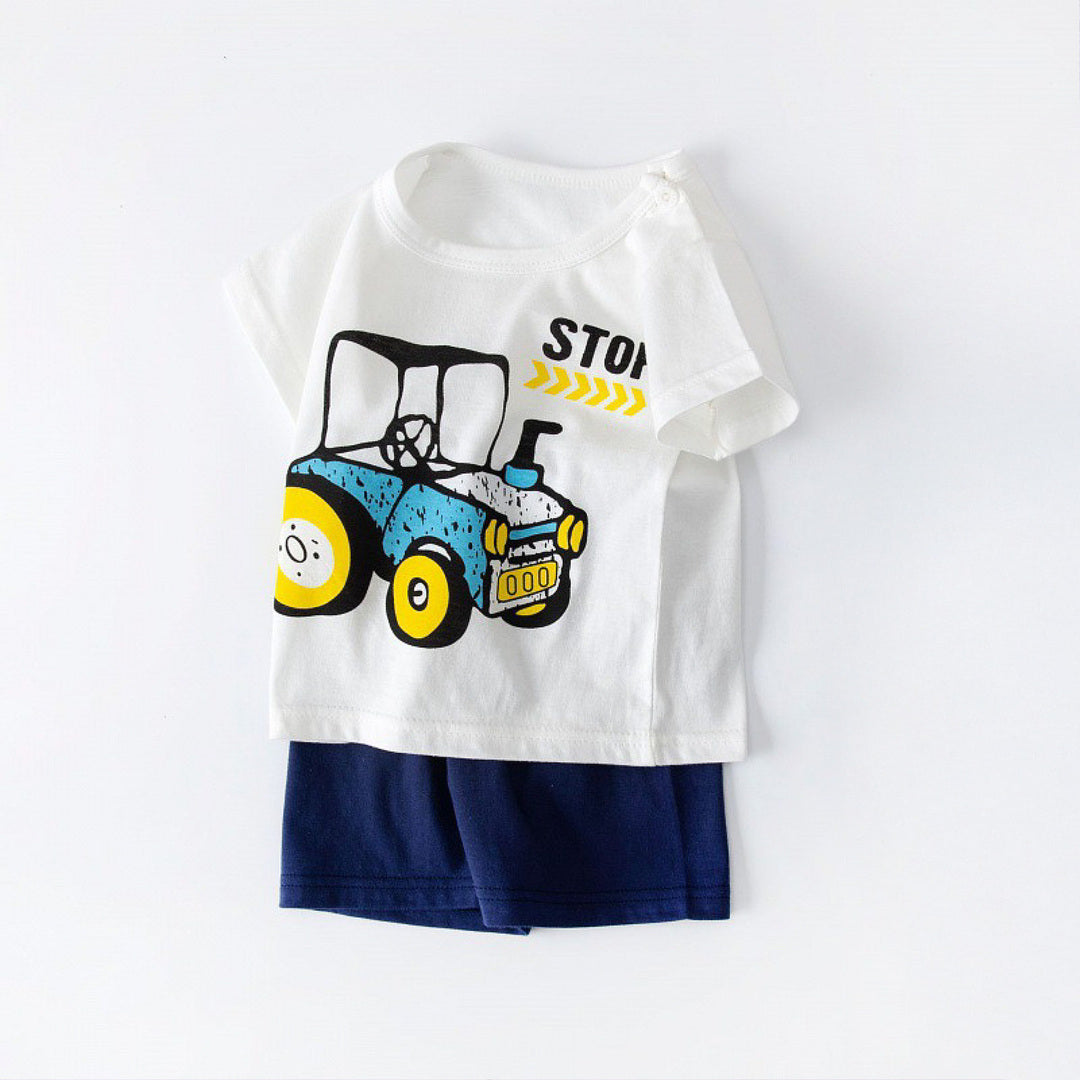 キッズ 上下セット ショート Tシャツ＋ パンツ ズボン トラクター 車 ネイビー コットン 綿100％ 部屋着 着替え 春夏 通園