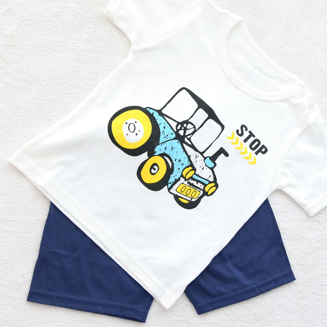 キッズ 上下セット ショート Tシャツ＋ パンツ ズボン トラクター 車 ネイビー コットン 綿100％ 部屋着 着替え 春夏 通園