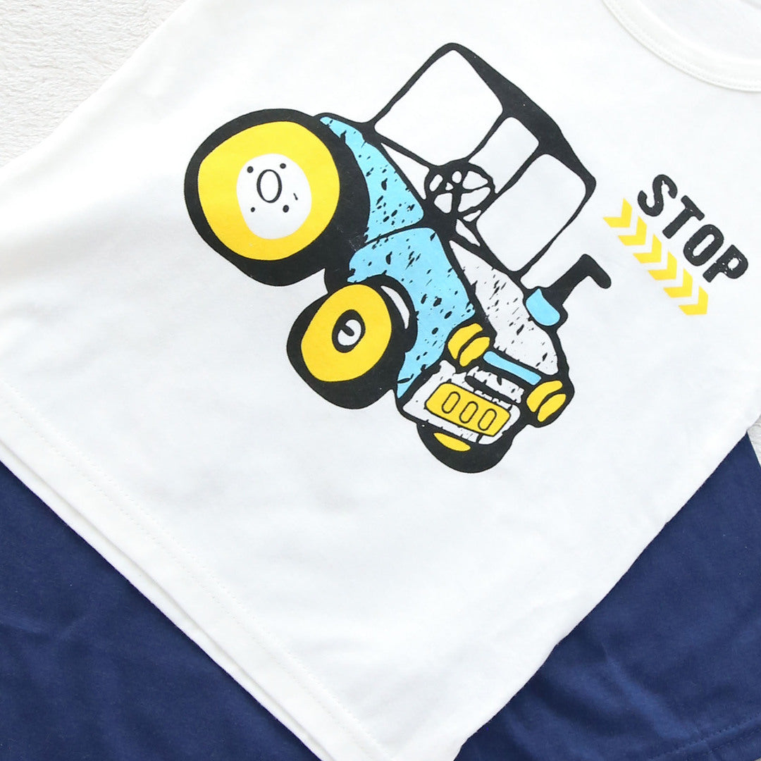 キッズ 上下セット ショート Tシャツ＋ パンツ ズボン トラクター 車 ネイビー コットン 綿100％ 部屋着 着替え 春夏 通園