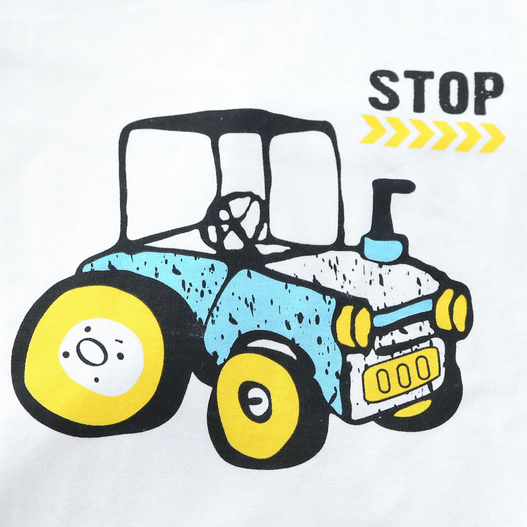 キッズ 上下セット ショート Tシャツ＋ パンツ ズボン トラクター 車 ネイビー コットン 綿100％ 部屋着 着替え 春夏 通園