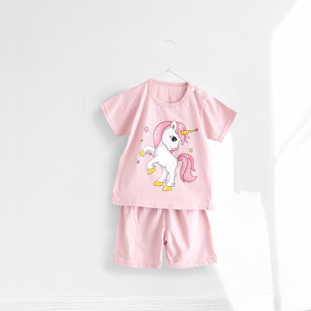キッズ 上下セット ショート Tシャツ＋ パンツ ズボン ユニコーン メルヘン ピンク コットン 綿100％ 部屋着 着替え 春夏 通園